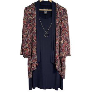 Stella & Julie Knit Career Dress Womens Size 14W Dark Blue Paisley One Piece‎